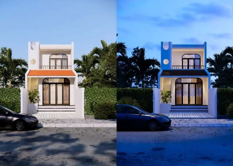 Nhà mái bằng hai tầng hiện đại, so sánh ánh sáng ngày và đêm với xe hơi đậu phía trước.