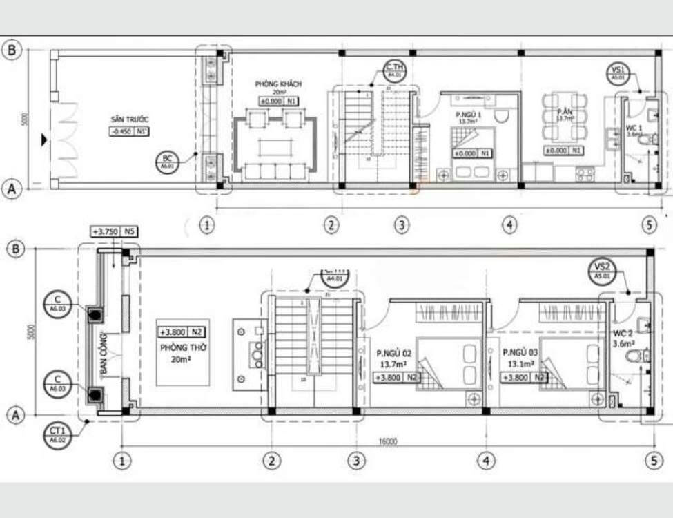 Bản vẽ mặt bằng nhà hai tầng, gồm phòng khách, phòng ngủ, nhà vệ sinh, bếp và sân trước.