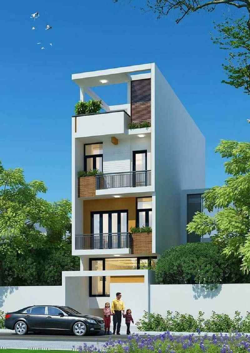 Ngôi nhà hiện đại với cây xanh và ô tô đỗ phía trước, bên cạnh là một ông bố và hai con nhỏ.