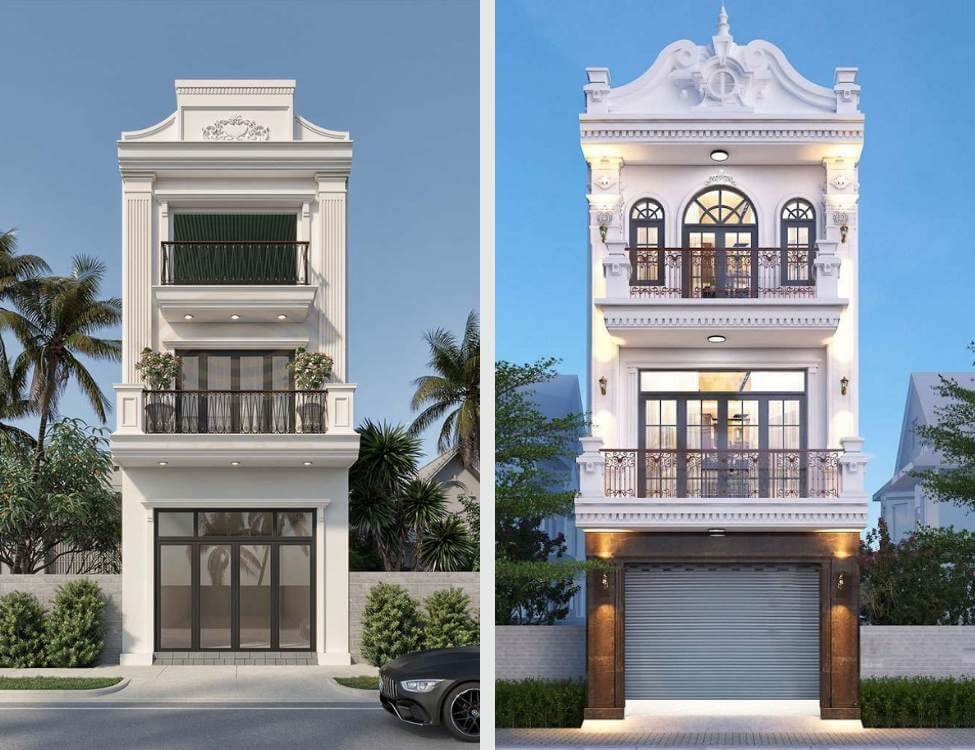 Hai ngôi nhà tân cổ điển 4 tầng với ban công sắt mỹ thuật và cây xanh trang trí, thiết kế sang trọng.
