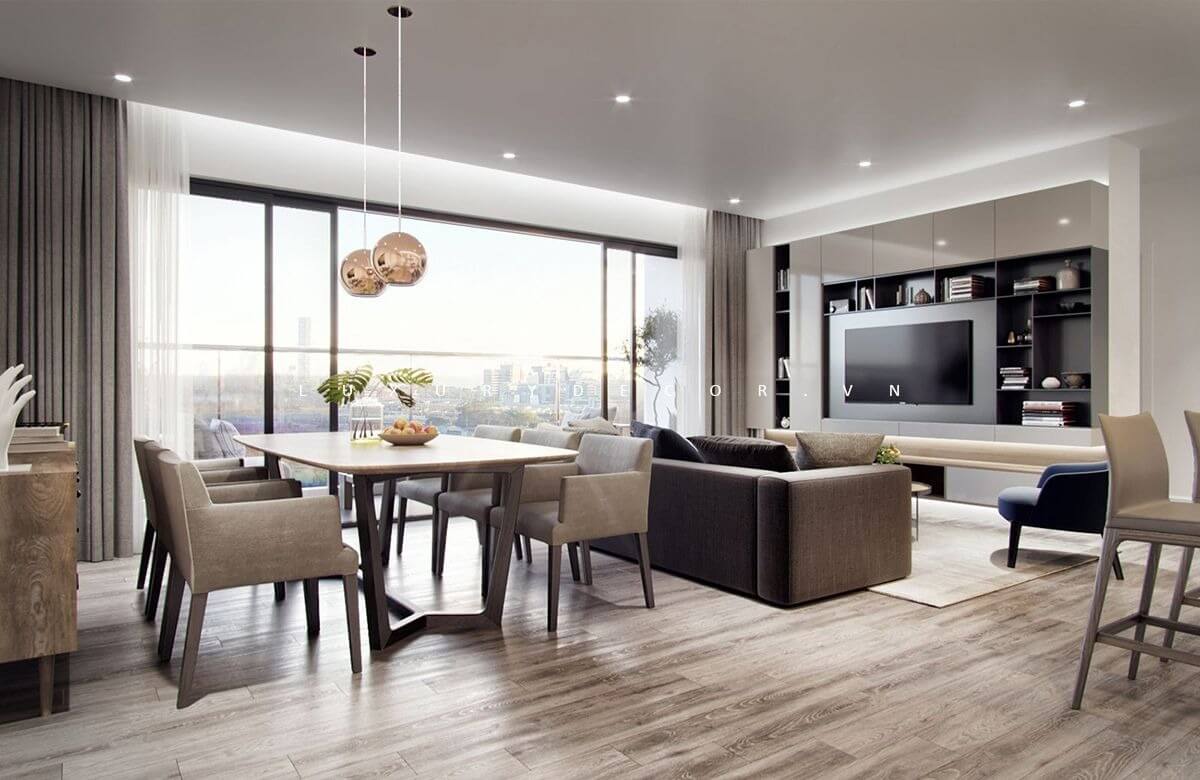 Phòng khách hiện đại với nội thất sang trọng, ánh sáng tự nhiên, bàn ăn và sofa thoải mái.