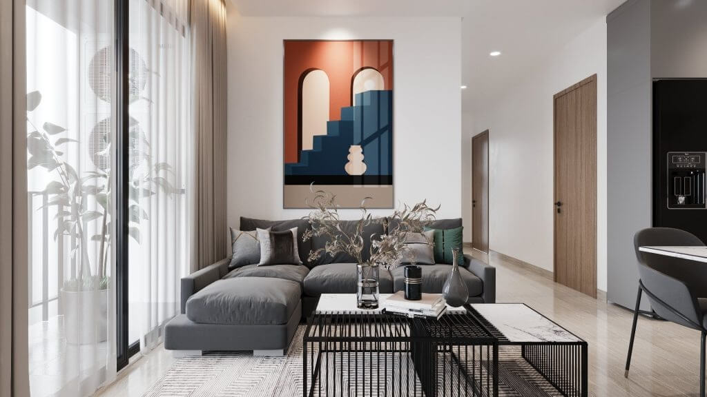 Phòng khách hiện đại với sofa xám, trang trí tối giản và tranh nghệ thuật trên tường.