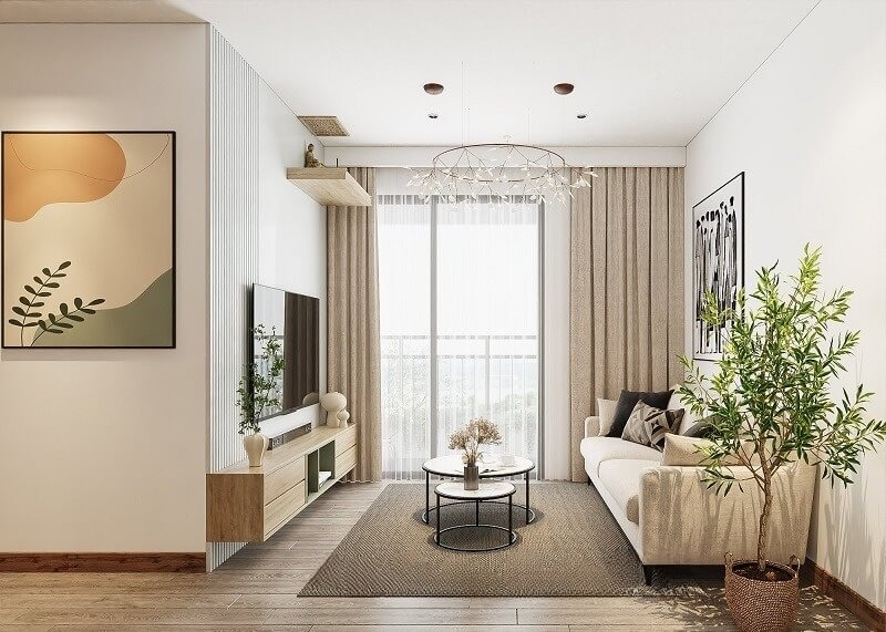 Phòng khách hiện đại với trang trí nghệ thuật, sofa trắng, bàn tròn, và cây xanh bên cửa sổ lớn.