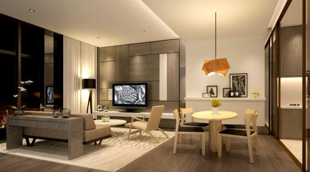 Phòng khách hiện đại với sofa, bàn tròn, đèn trang trí, và nội thất gỗ ấm cúng.