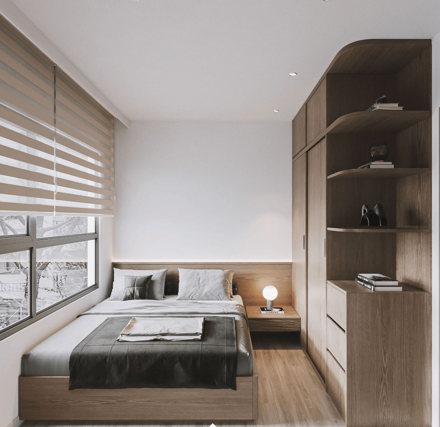 Phòng ngủ nhỏ gọn phong cách hiện đại, có giường đôi, tủ gỗ và cửa sổ lớn.