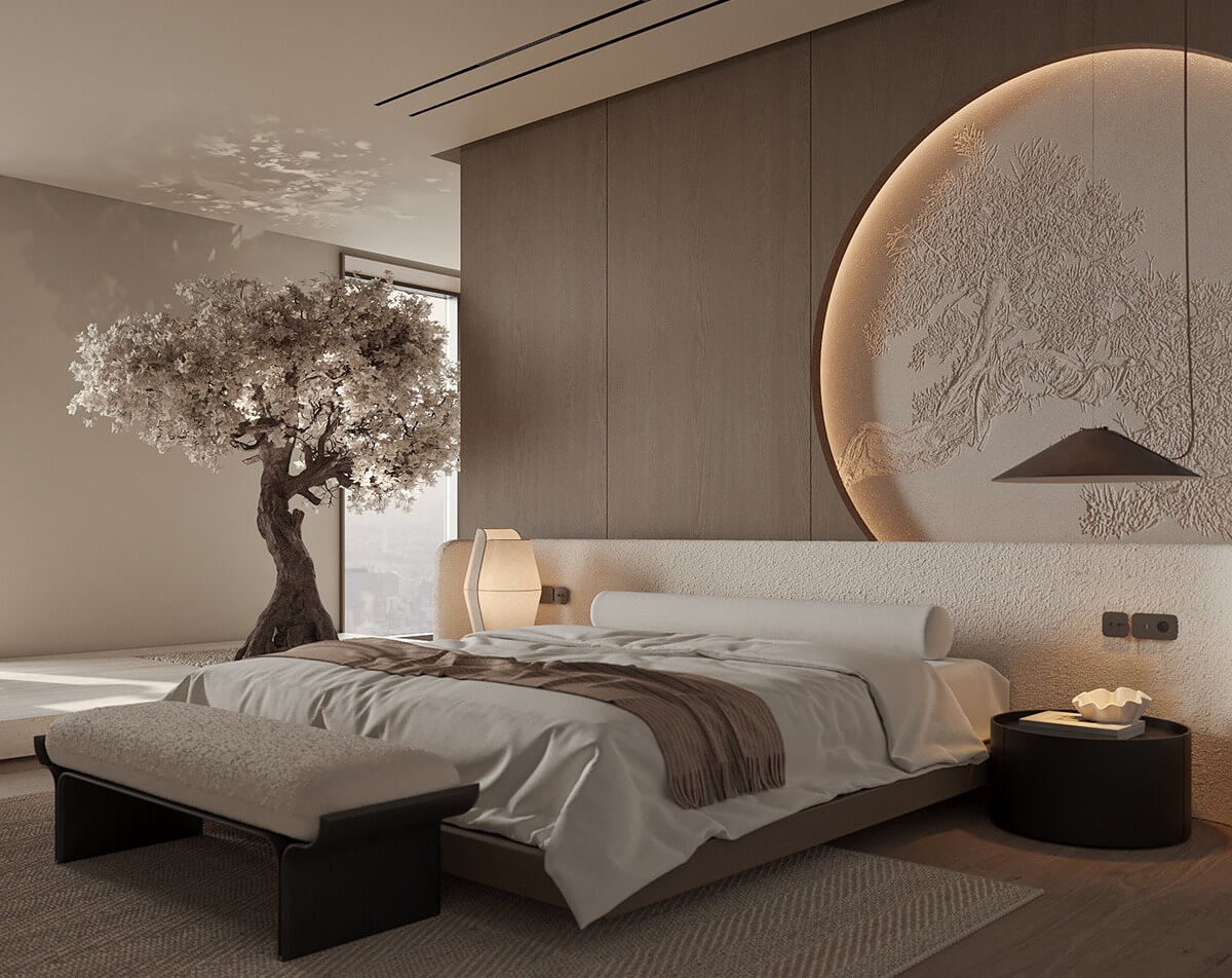 Phòng ngủ hiện đại với giường đôi, ánh sáng ấm áp, trang trí cây và tường gỗ sang trọng.