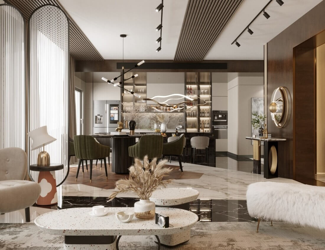 Phòng khách sang trọng với bàn trà, ghế bành và đèn trang trí hiện đại, tạo không gian ấm cúng và thanh lịch.