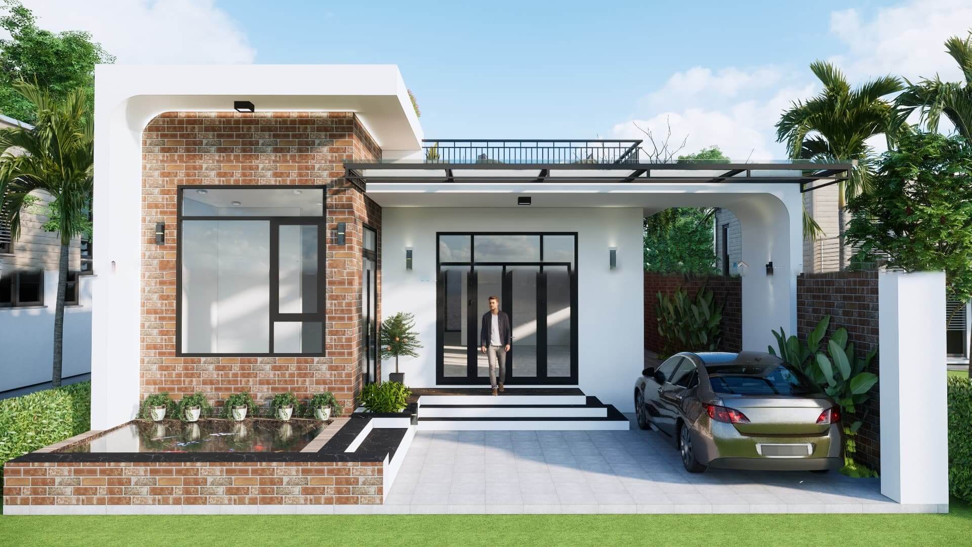 Nhà một tầng hiện đại với gạch ốp, xe hơi đỗ bên cạnh, khuôn viên xanh mát.