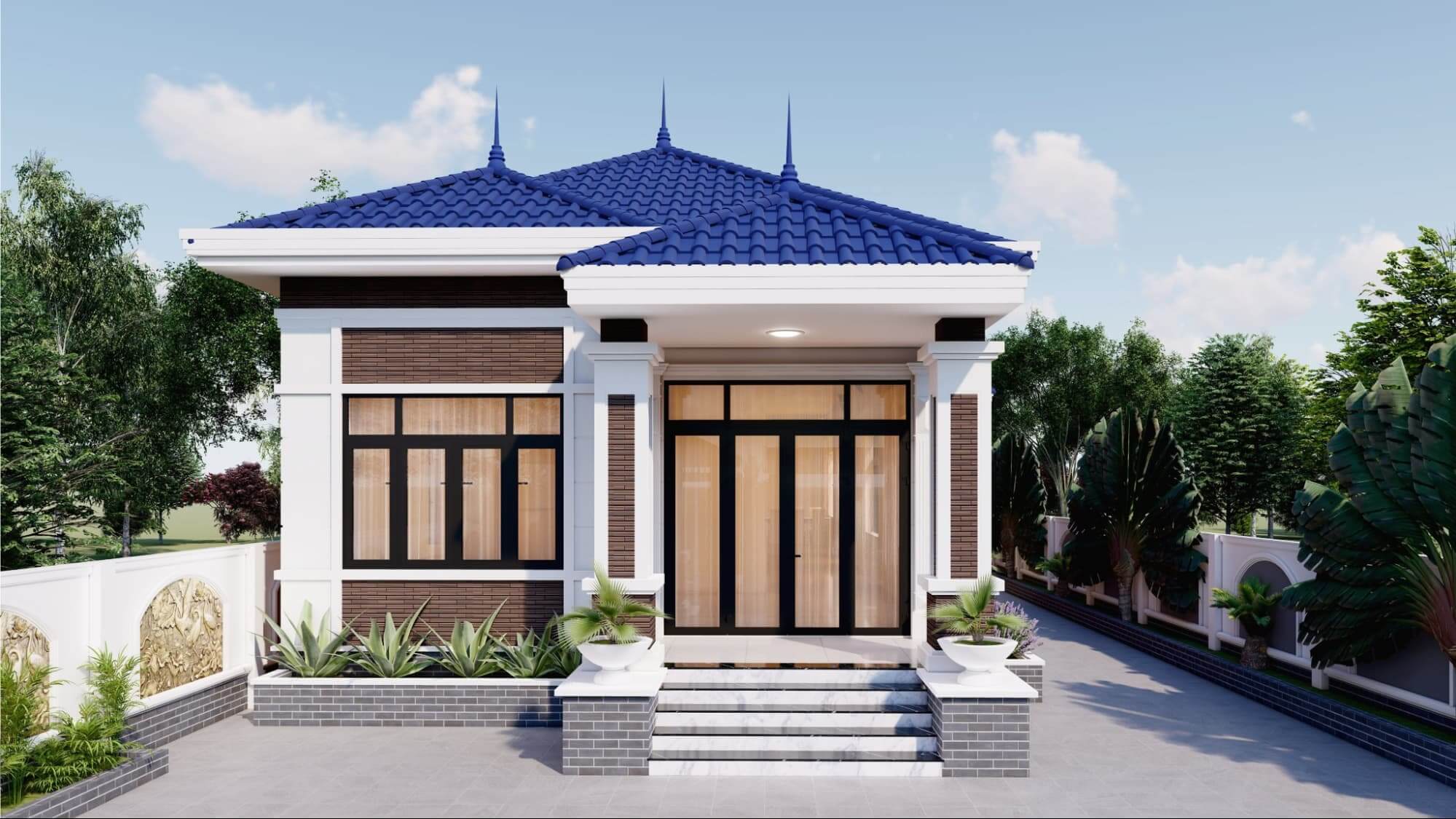 Nhà cấp 4 hiện đại, mái ngói xanh, cửa kính lớn, sân vườn thoáng với cây xanh, kiến trúc thoáng mát.