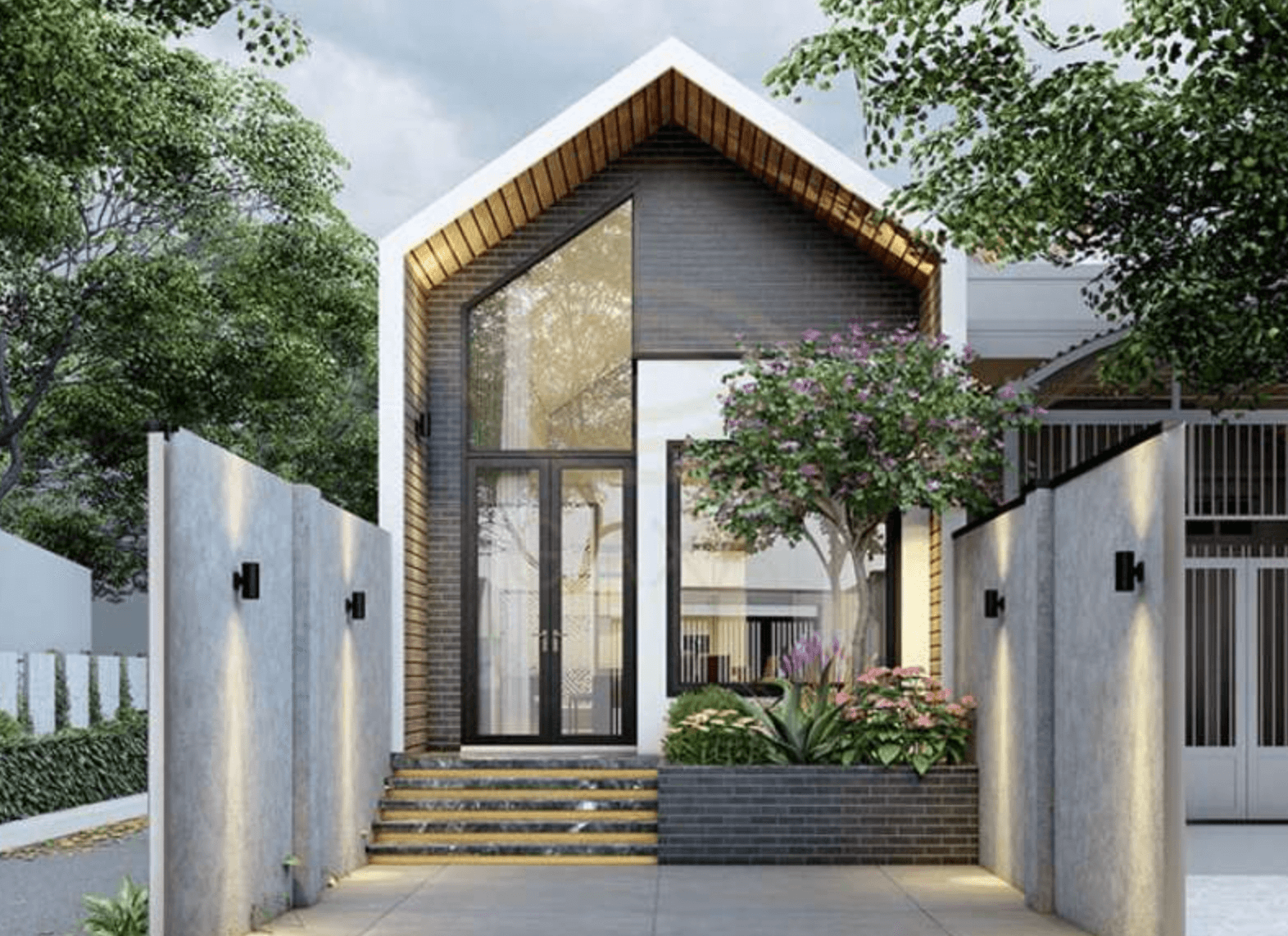 Nhà phố hiện đại với mặt tiền bằng kính, cây xanh xung quanh và cổng bê tông tối giản, ánh sáng tự nhiên.