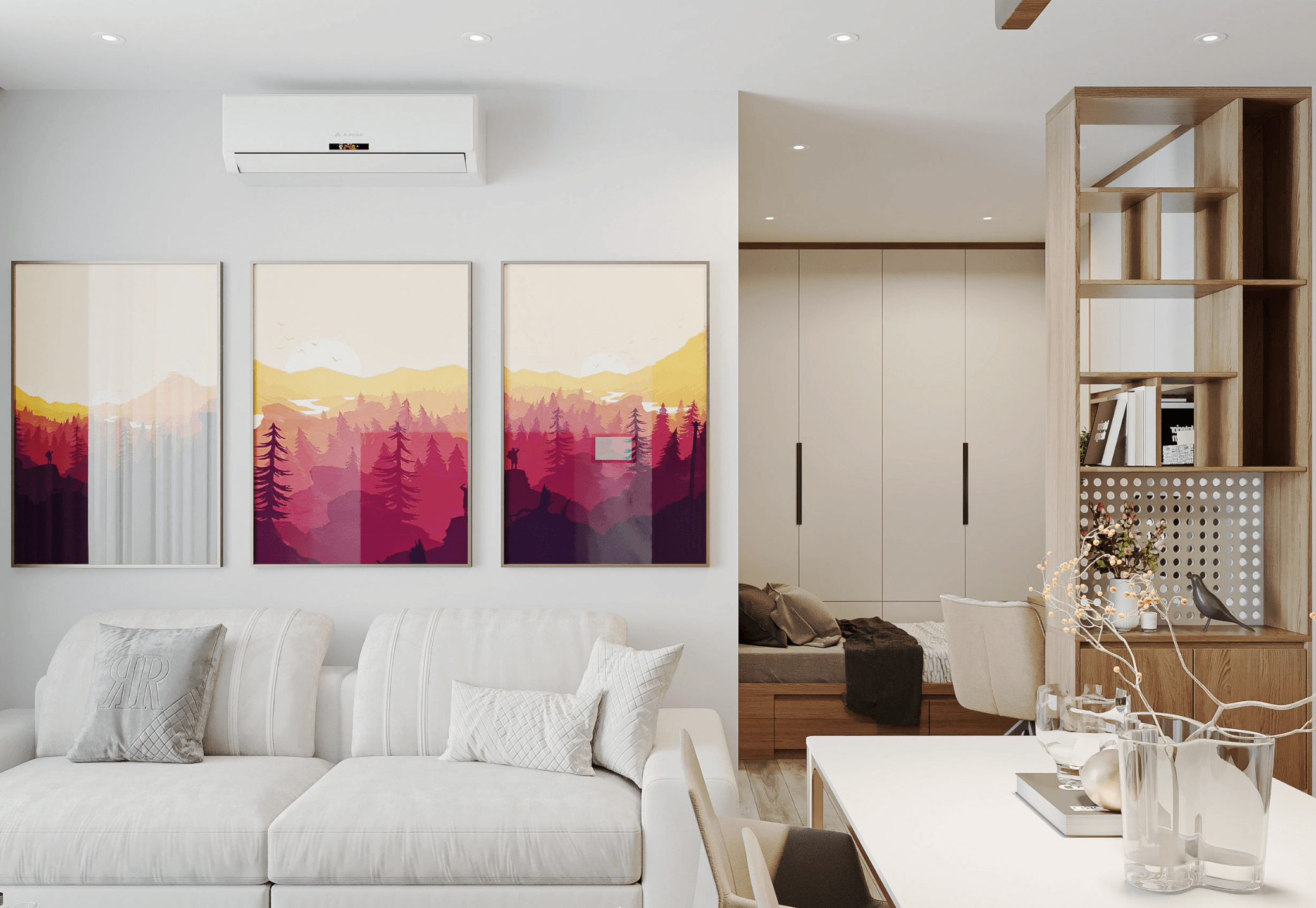 Phòng khách hiện đại với sofa trắng, tranh treo tường phong cảnh, và điều hòa không khí, không gian thoáng đãng.
