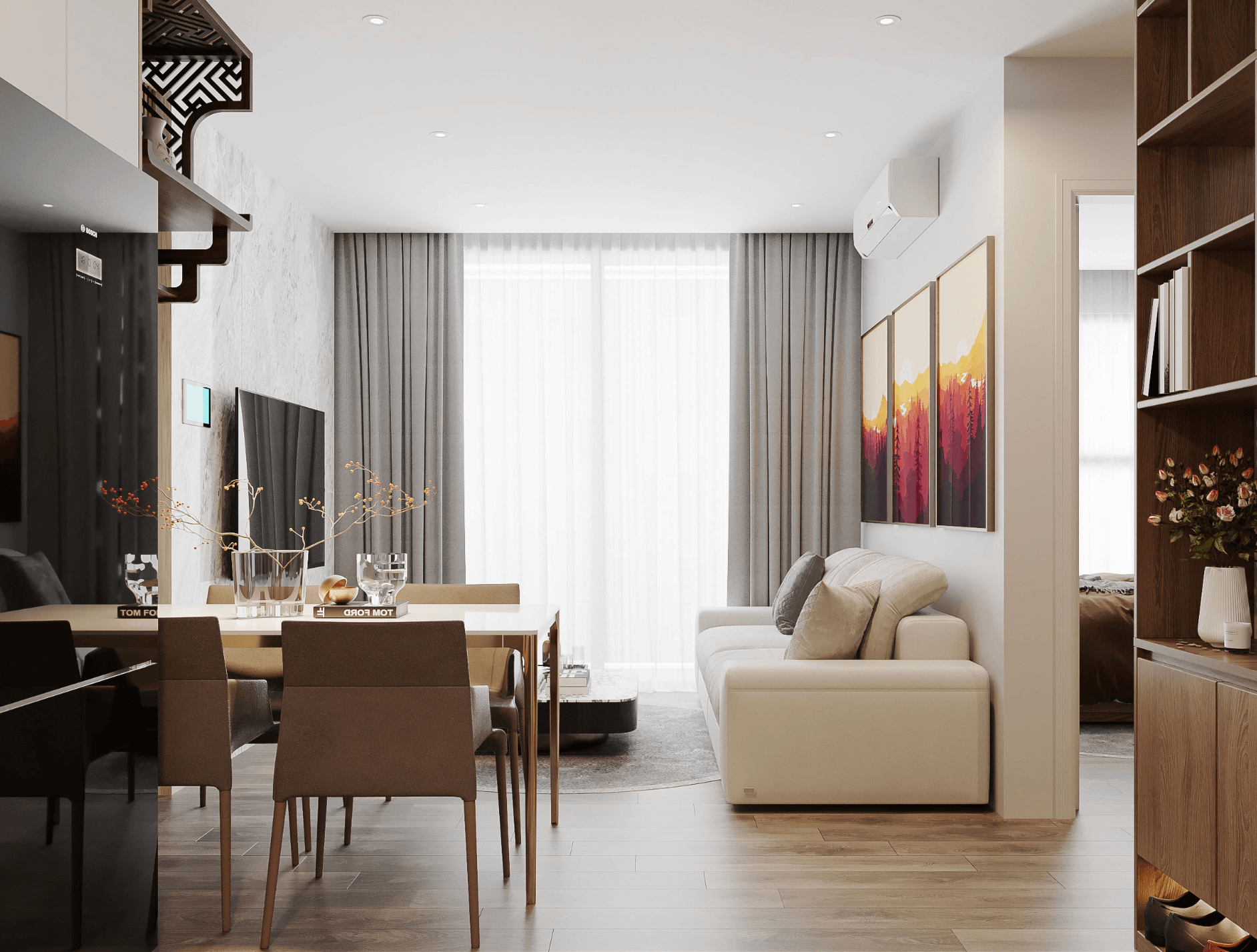 Phòng khách hiện đại với nội thất sang trọng, sofa trắng, tranh tường nghệ thuật và bàn ăn bằng gỗ.