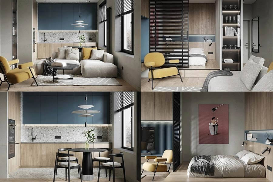 Căn hộ hiện đại với nội thất sang trọng, ghế vàng, bếp mở, giường tiện nghi và trang trí tinh tế.