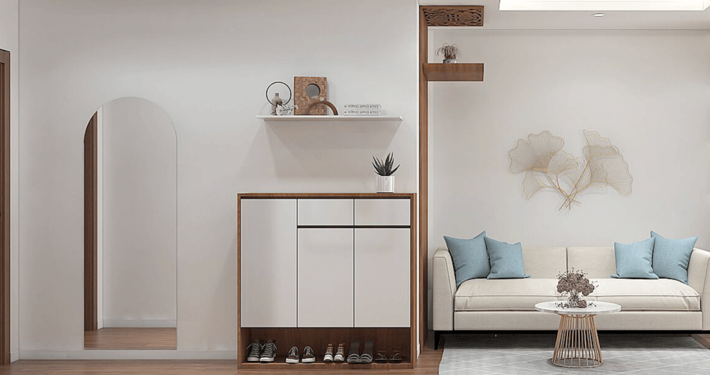 Phòng khách hiện đại với sofa trắng, gối xanh, bàn trà nhỏ và trang trí cây trên tường. Nội thất tối giản.