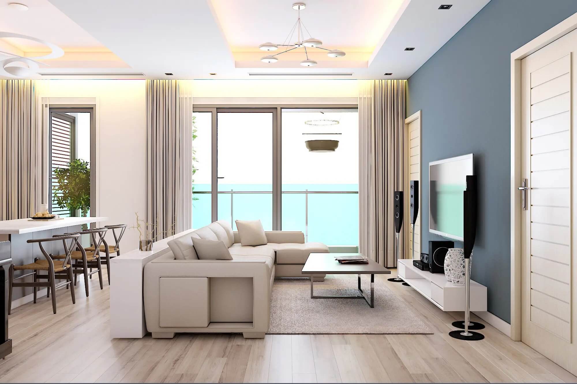 Phòng khách hiện đại với sofa trắng, tivi màn hình phẳng và cửa kính lớn đón ánh sáng tự nhiên.