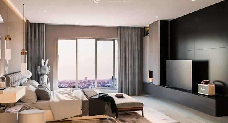 Phòng ngủ hiện đại với cửa sổ lớn nhìn ra thành phố, trang trí tối giản và giường rộng rãi.