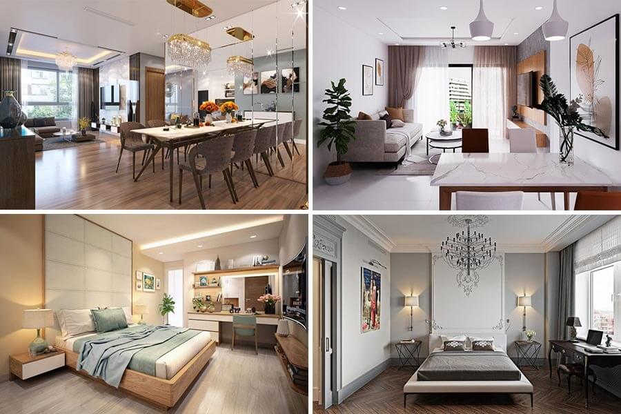 Phòng khách và phòng ngủ hiện đại, trang trí sang trọng với nội thất gỗ và đèn chùm.