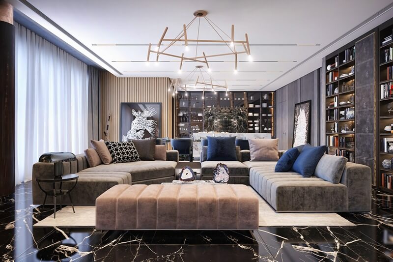 Phòng khách hiện đại với nội thất sang trọng, sofa lớn và đèn trần độc đáo.