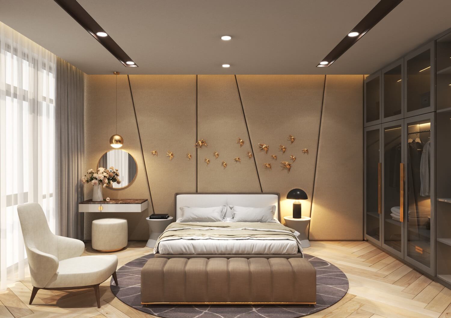 Phòng ngủ hiện đại với giường đôi, đèn trang trí và ghế thư giãn, nền tường trang trí tinh tế, ánh sáng tự nhiên.