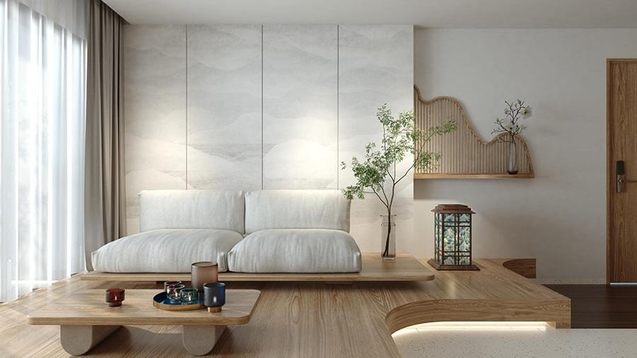 Phòng khách hiện đại với sofa trắng, bàn gỗ thấp, cửa sổ kính lớn và cây cảnh trang trí.
