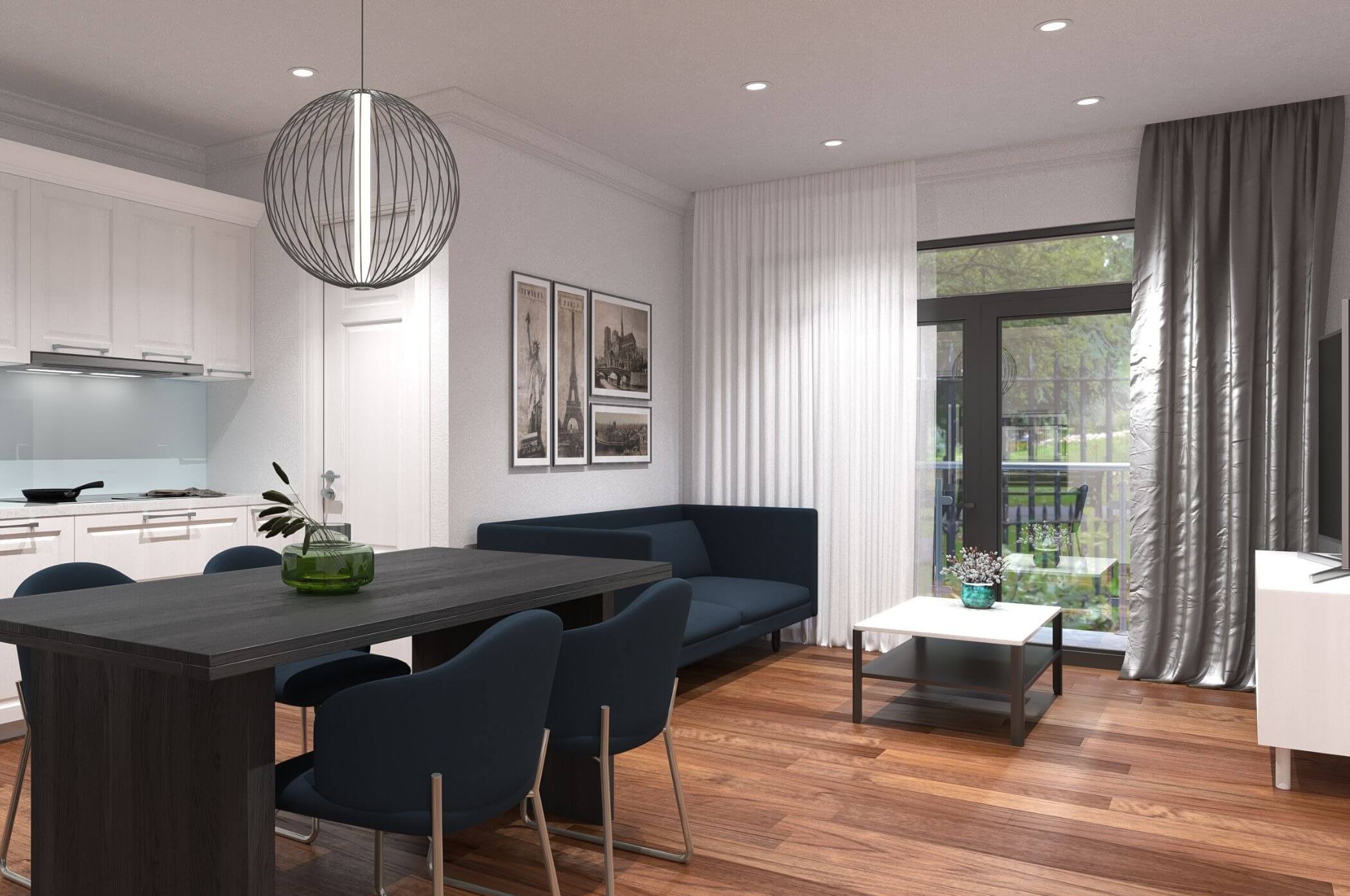 Phòng khách hiện đại với sofa xám, bàn gỗ và trang trí tranh treo tường.