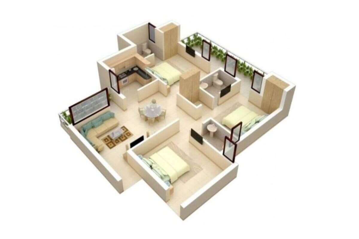 Mô hình 3D căn hộ: phòng ngủ, phòng khách, bếp, hai nhà vệ sinh, thiết kế hiện đại, tiện nghi tối ưu.