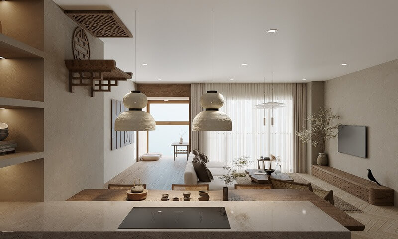 Phòng khách hiện đại với nội thất gỗ và đèn treo đầy phong cách. Ánh sáng tự nhiên từ cửa sổ lớn.