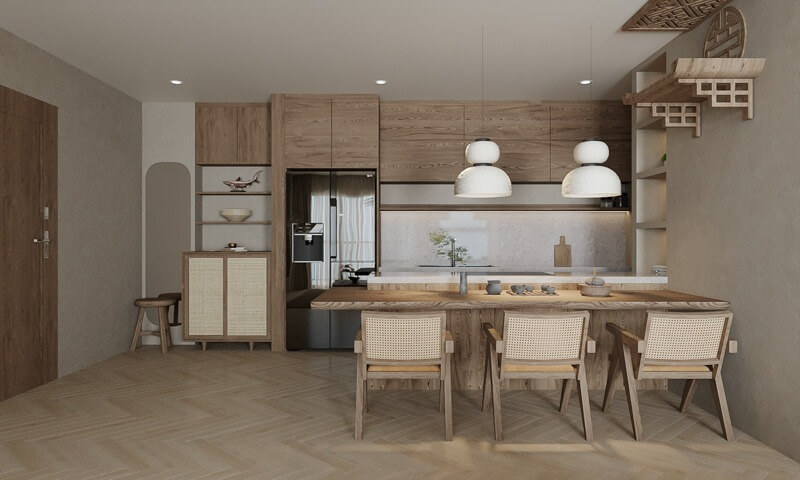 Nhà bếp hiện đại với bàn ăn gỗ, ghế mây, đèn treo và tông màu nâu ấm áp, tạo không gian ấm cúng và thanh lịch.
