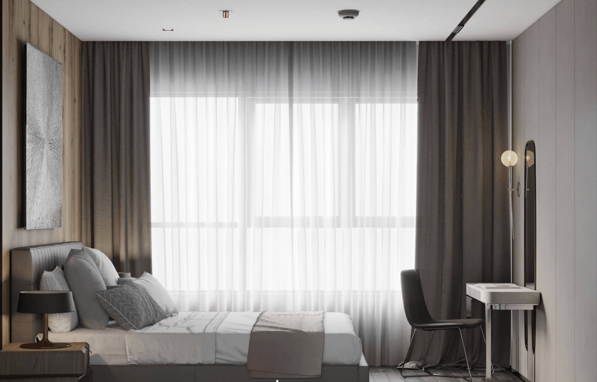 Phòng ngủ hiện đại với giường đôi, rèm trắng, bàn làm việc nhỏ và tranh treo tường tinh tế.