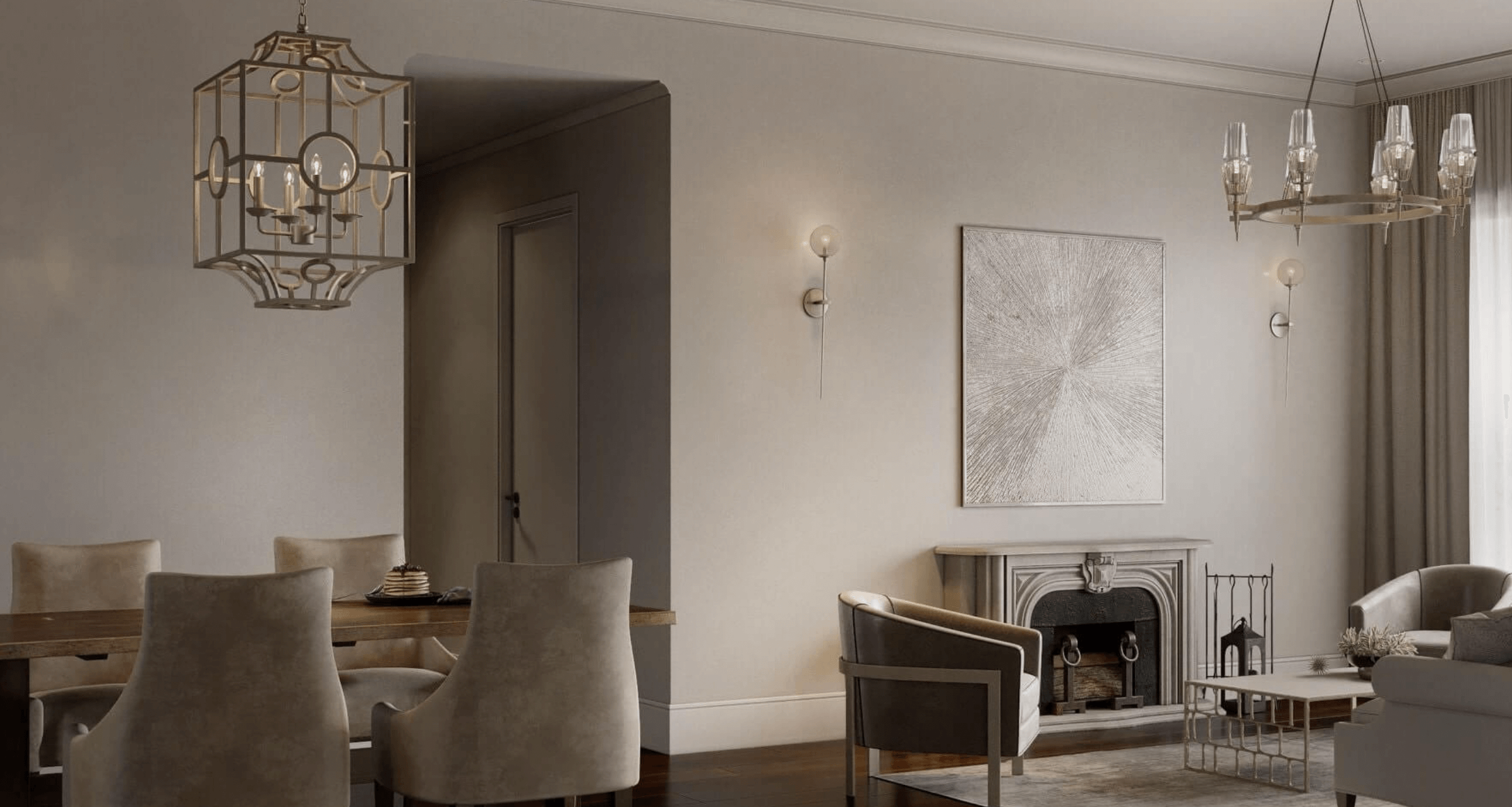 Phòng khách sang trọng với đèn treo, ghế sofa và tranh treo tường phong cách châu Âu, tông màu trung tính.