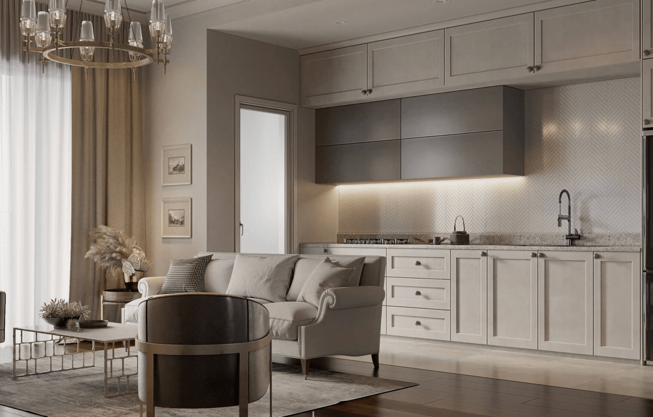 Phòng khách hiện đại với sofa xám, bếp mở và đèn chùm sang trọng.