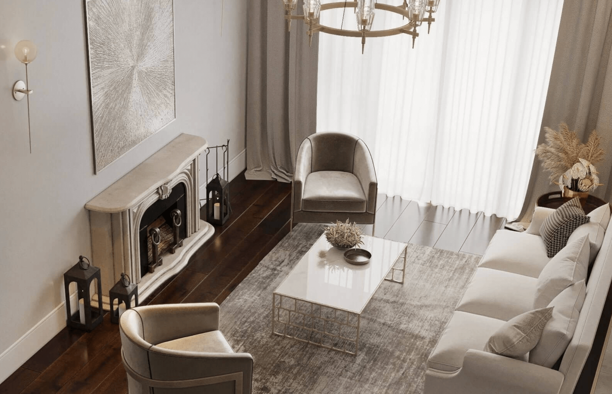 Phòng khách sang trọng với ghế sofa, bàn kính và lò sưởi, ánh sáng từ cửa sổ lớn.