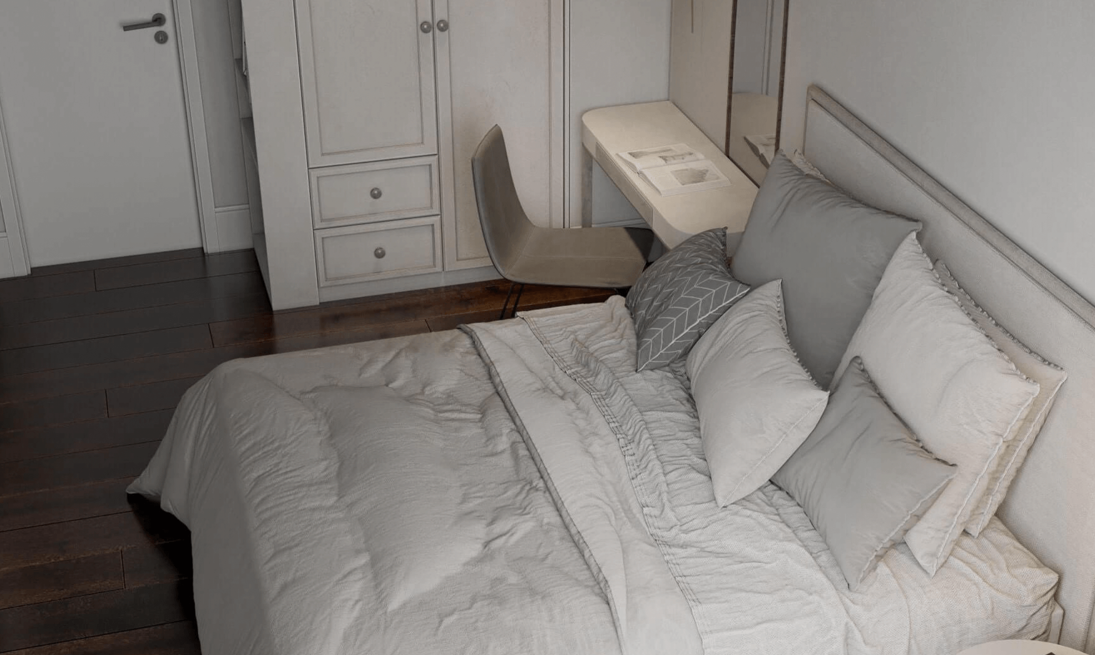 Phòng ngủ hiện đại với giường êm ái, gối trắng, bàn làm việc nhỏ và tủ quần áo, tạo không gian thoải mái và tiện nghi.