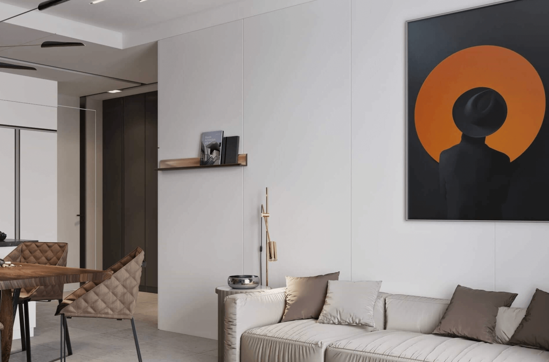 Phòng khách hiện đại với sofa trắng, tranh tường và bàn ghế ăn bằng gỗ.