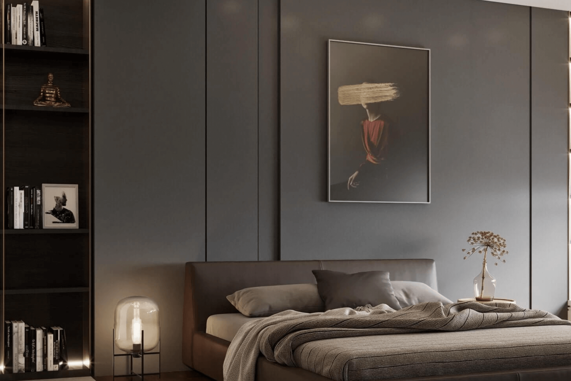 Phòng ngủ hiện đại với giường êm ái, tranh treo tường, và kệ sách trang trí tinh tế mang lại cảm giác thư giãn.