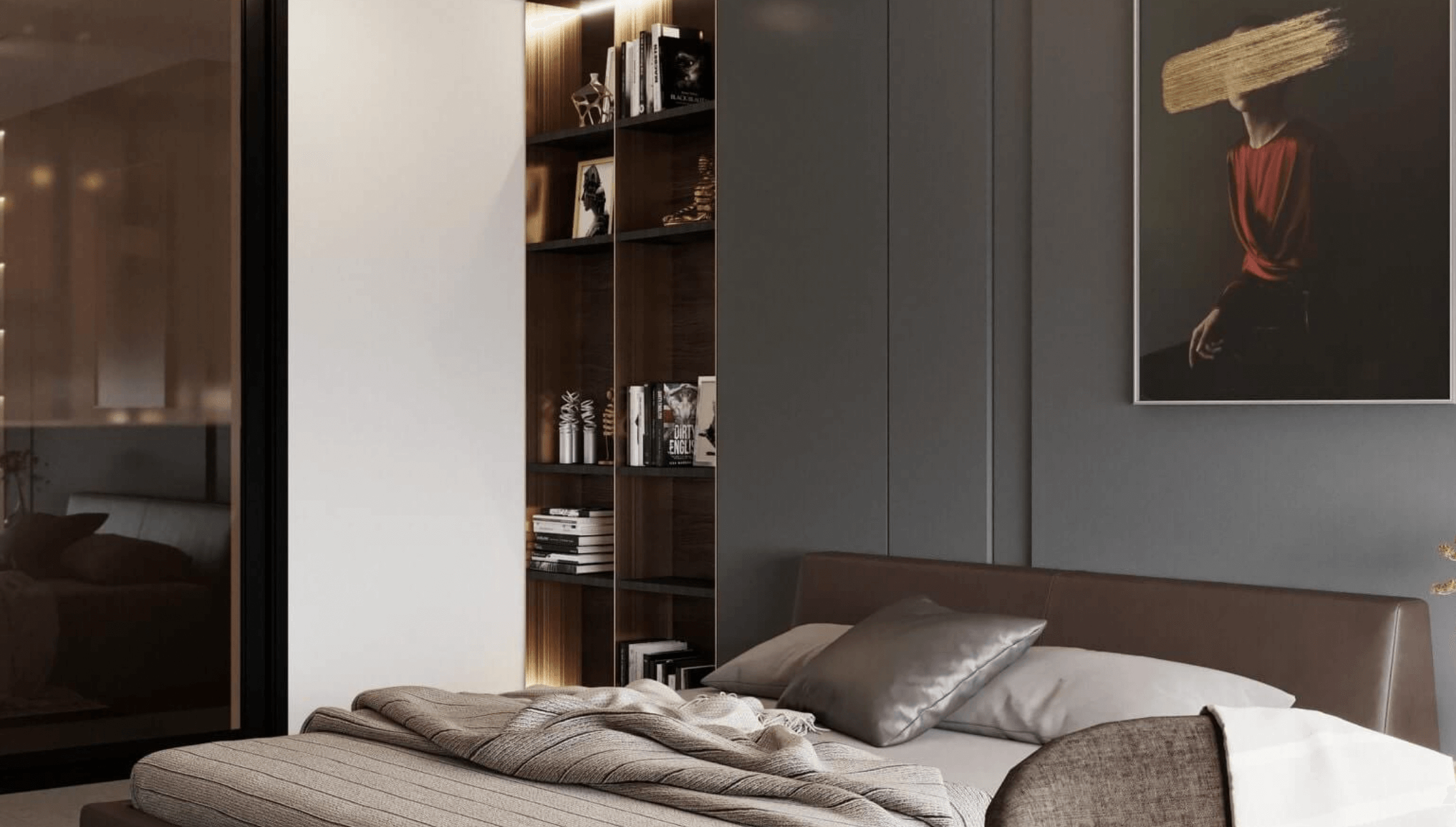 Phòng ngủ hiện đại với giường lớn, kệ sách gỗ và tranh nghệ thuật treo tường, tạo không gian ấm cúng, thanh lịch.