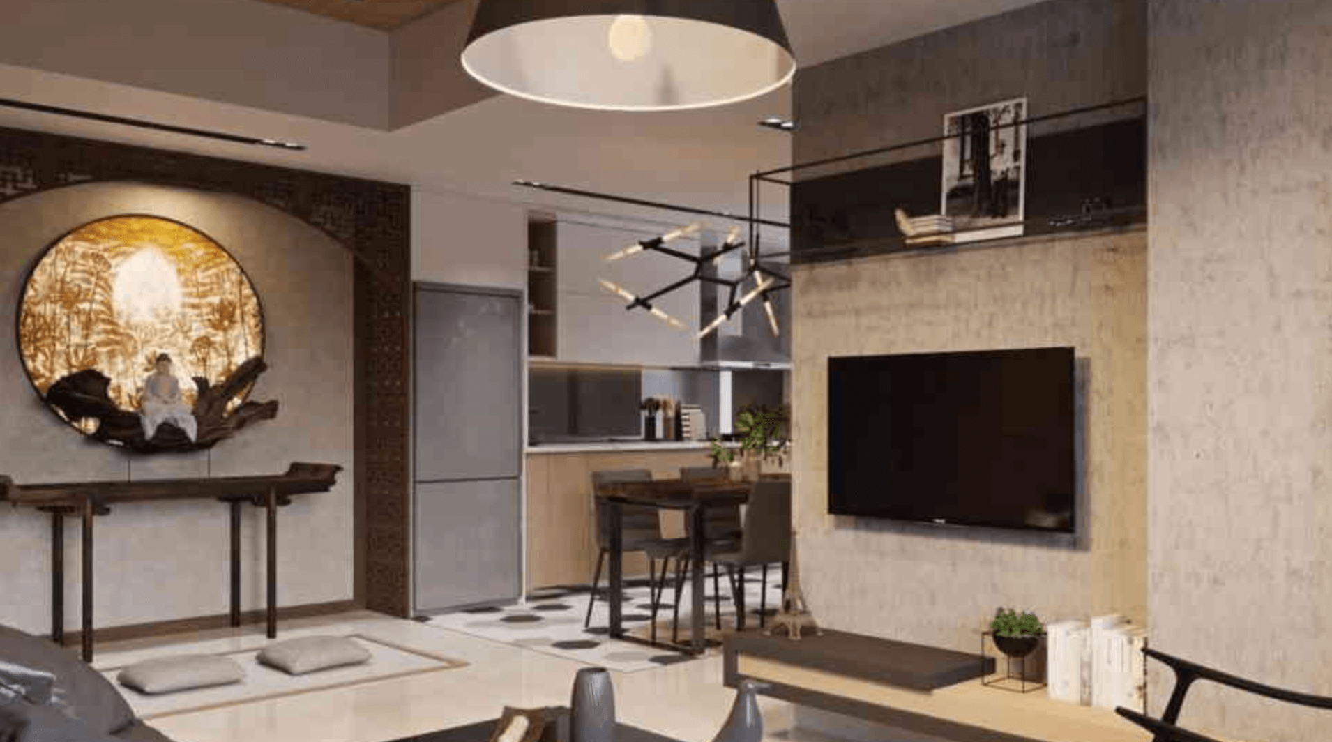 Phòng khách hiện đại tối giản với trang trí nghệ thuật treo tường, nội thất gỗ và đèn chùm độc đáo.