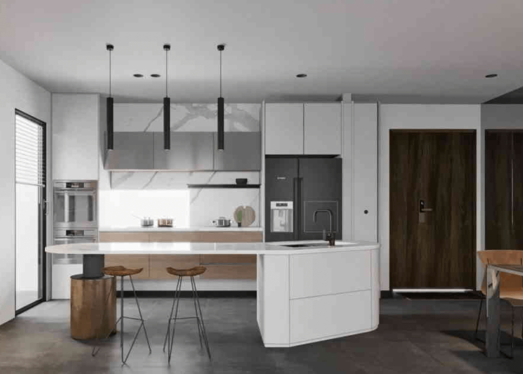 Nhà bếp hiện đại với bàn đảo trắng, ghế đẩu và tủ lạnh đen, thiết kế tối giản và ánh sáng tự nhiên.