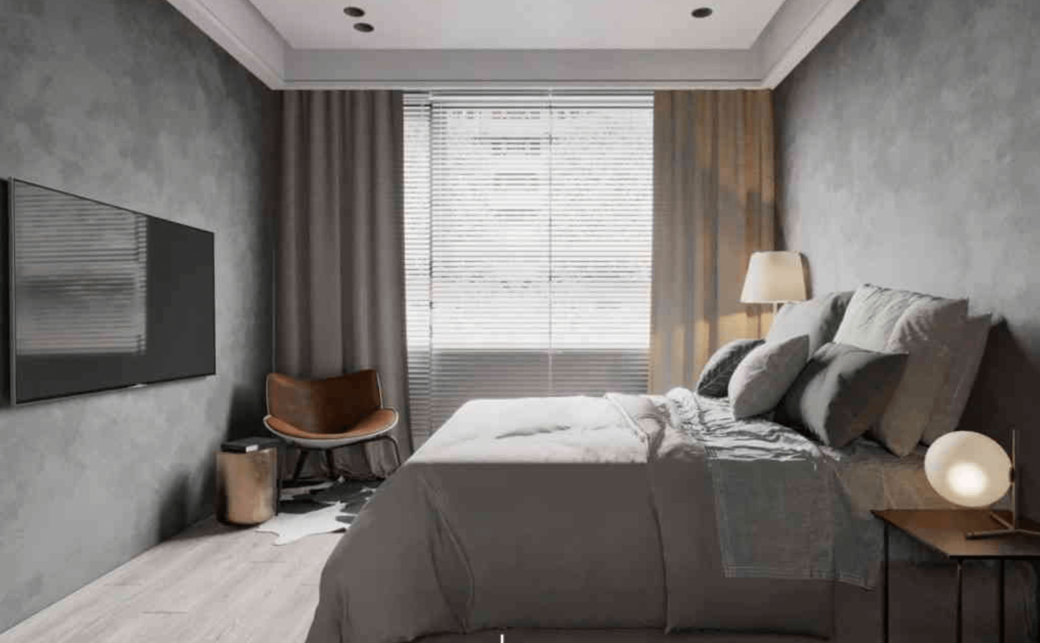 Phòng ngủ hiện đại với giường nệm xám, đèn bàn, cửa sổ lớn và phong cách nội thất tối giản.