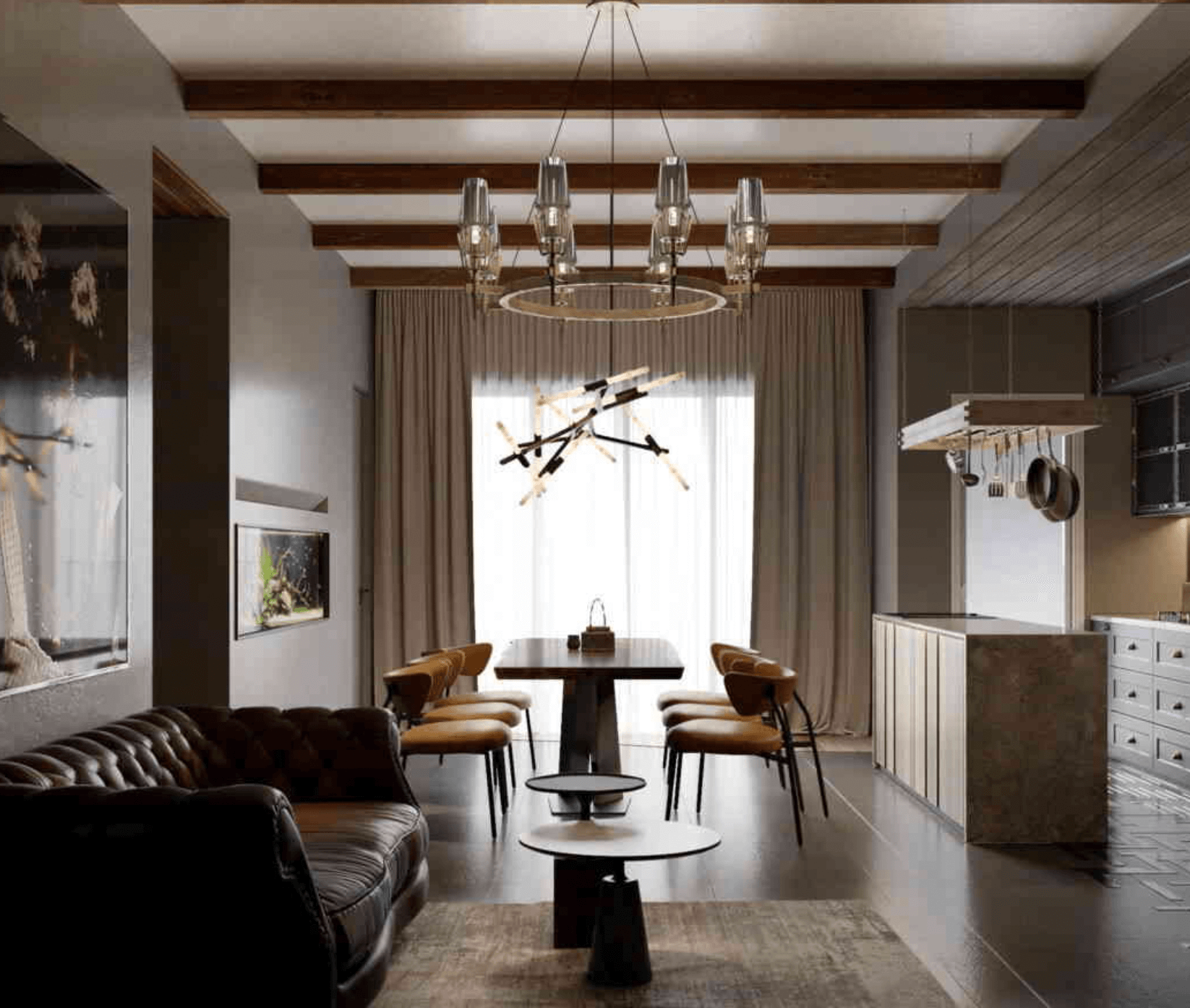 Phòng khách hiện đại với sofa da, bàn ăn, đèn chùm độc đáo và bếp mở, tạo không gian ấm cúng và sang trọng.