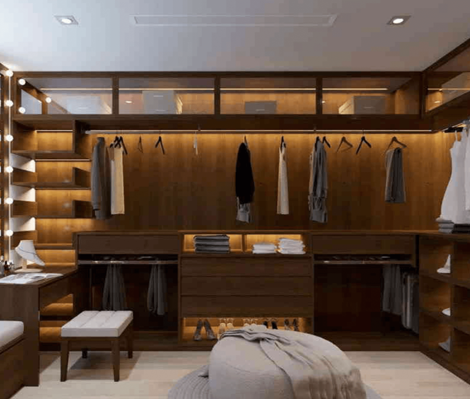 Tủ quần áo gỗ hiện đại với ánh sáng LED, quần áo xếp gọn và kệ đựng giày tạo không gian sang trọng và tiện nghi.