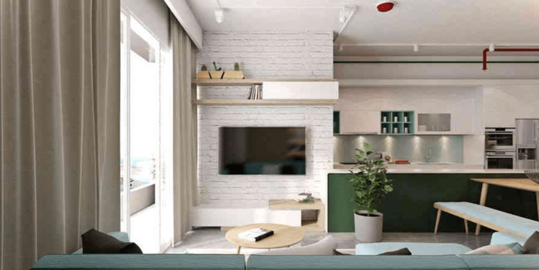 Phòng khách hiện đại với tivi treo tường và nội thất gỗ sáng màu, không gian mở kết hợp bếp tiện nghi.