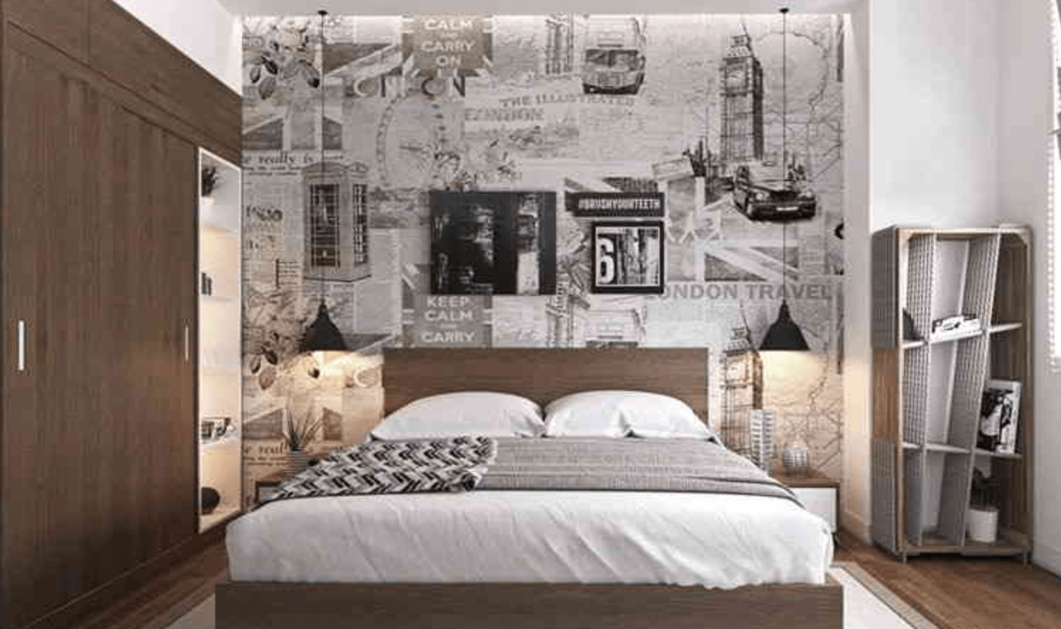 Phòng ngủ hiện đại với giường gỗ, tủ quần áo và tranh tường phong cách London.