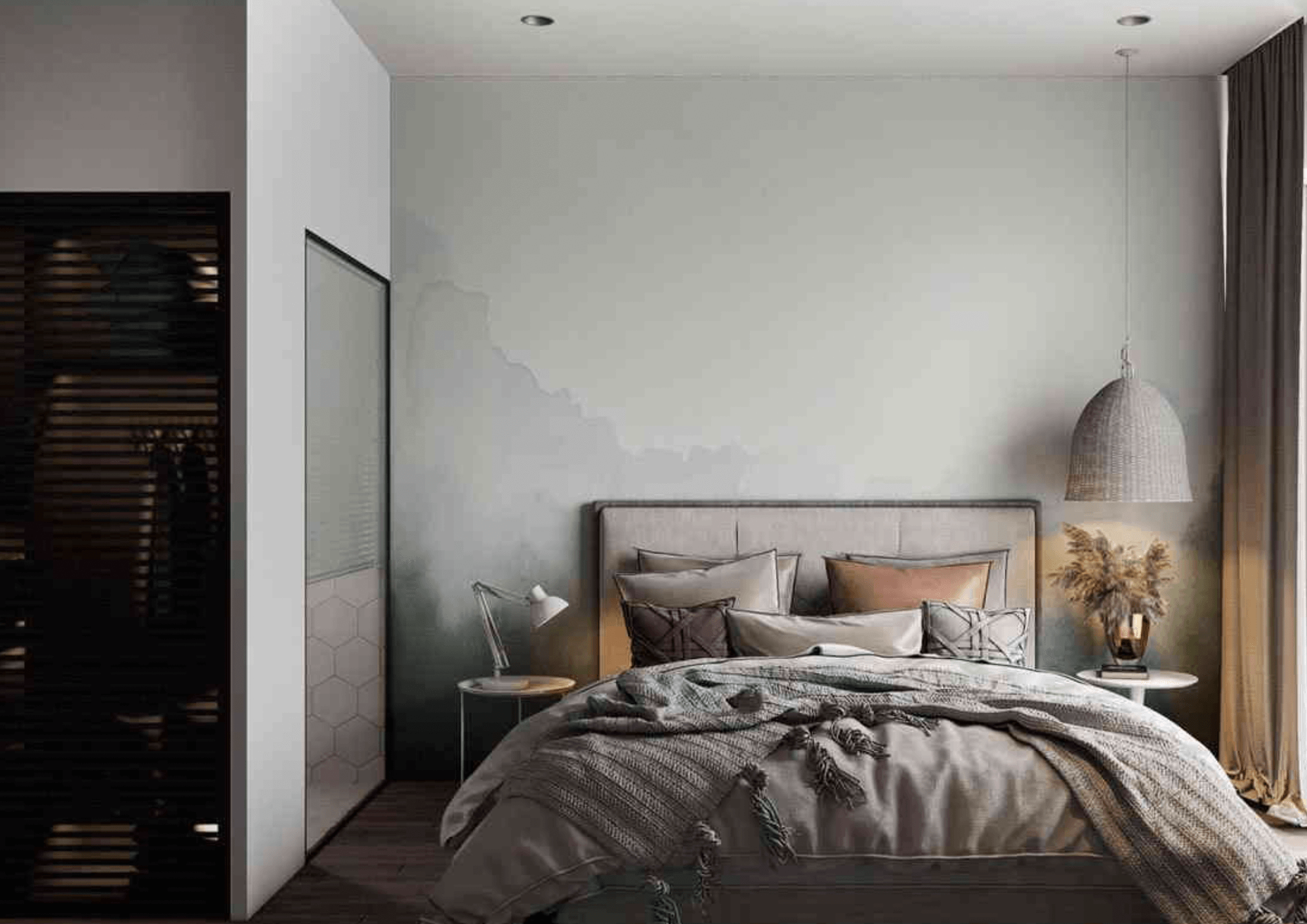 Phòng ngủ hiện đại với giường êm ái, đèn treo trang trí và rèm cửa tạo không gian ấm cúng, thư giãn.