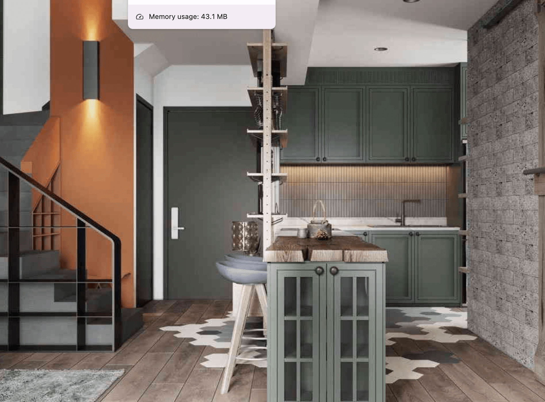 Phòng bếp hiện đại với tủ màu xanh lá cây và ngăn kệ gỗ, ánh sáng ấm áp tạo không gian thoải mái.