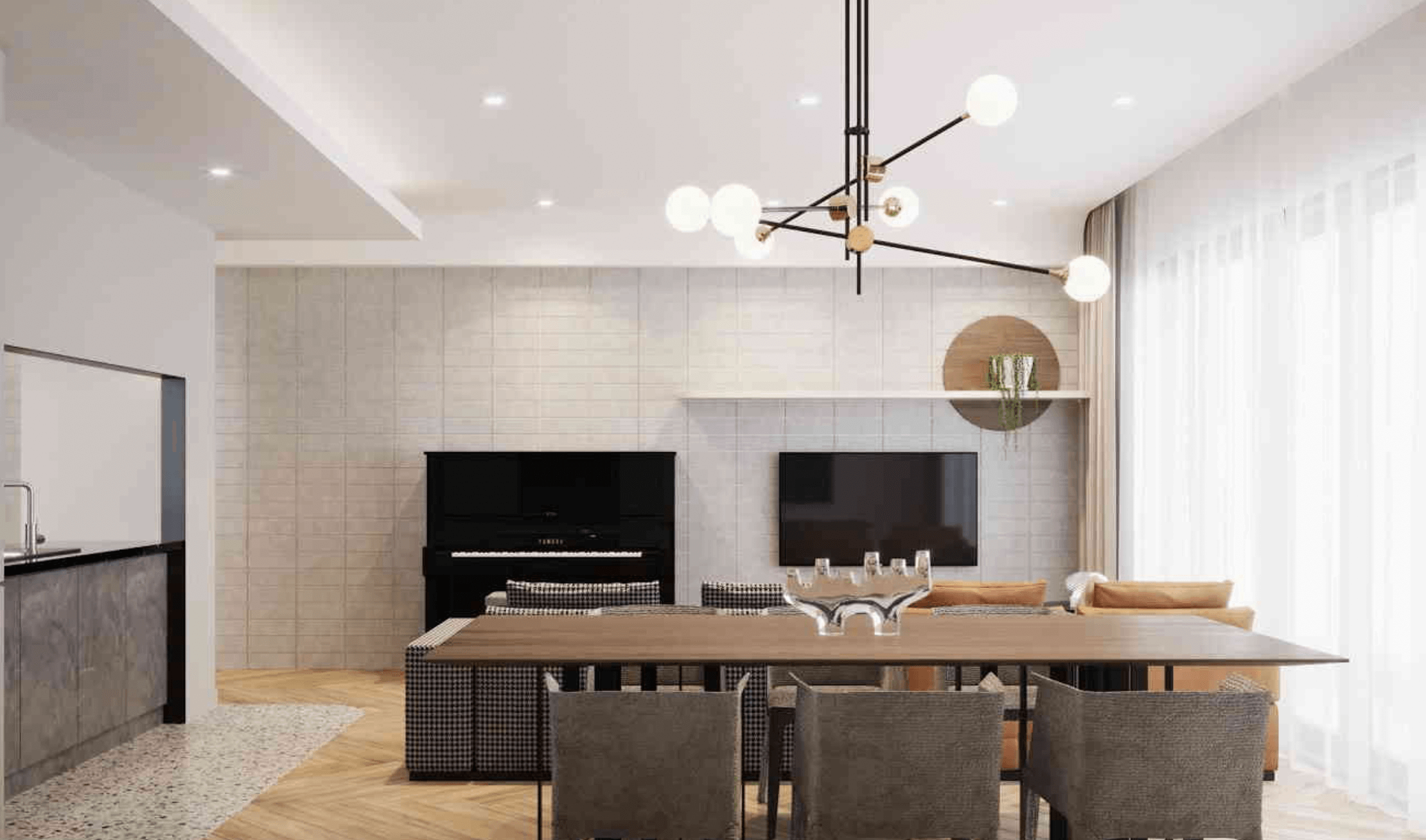 Phòng khách hiện đại với đèn chùm, đàn piano, tivi và bàn ăn rộng rãi.