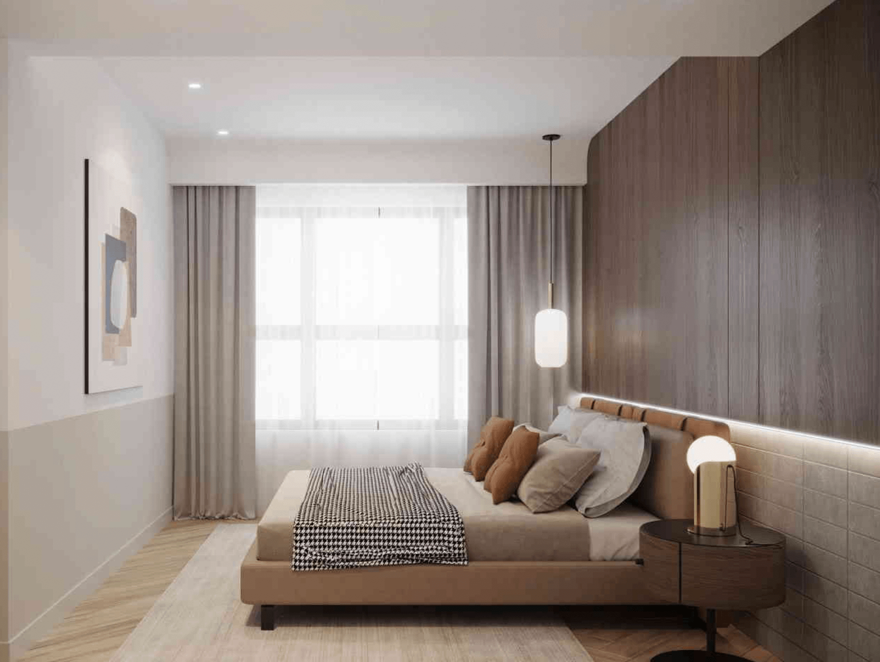 Phòng ngủ hiện đại với giường đôi, đèn treo và trang trí tối giản.