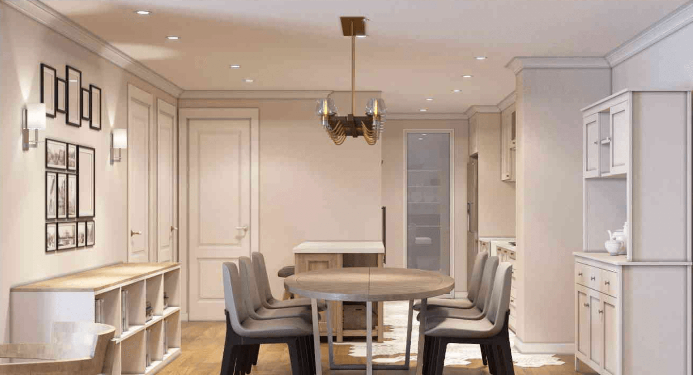 Nhà bếp và phòng ăn hiện đại với bàn tròn, ghế đệm, đèn trần và trang trí tranh ảnh trên tường.