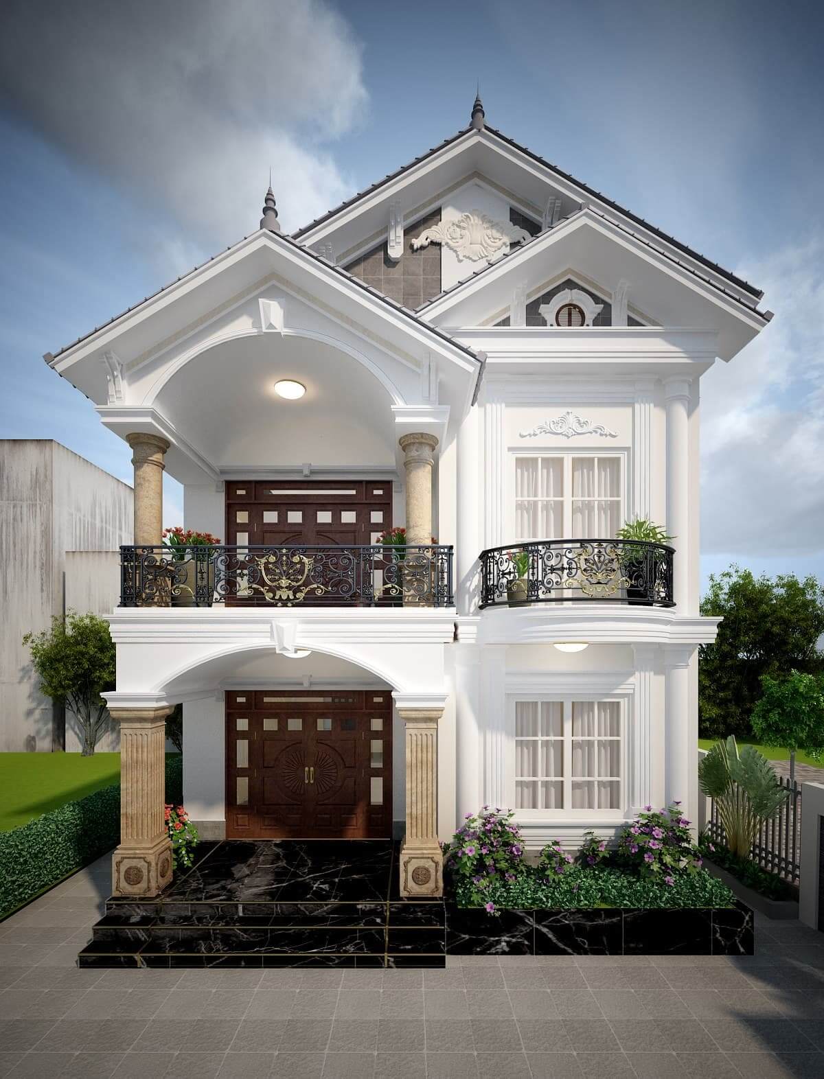 Biệt thự 2 tầng hiện đại với thiết kế mái thái và ban công sắt ở mặt tiền, phong cách sang trọng và thanh lịch.
