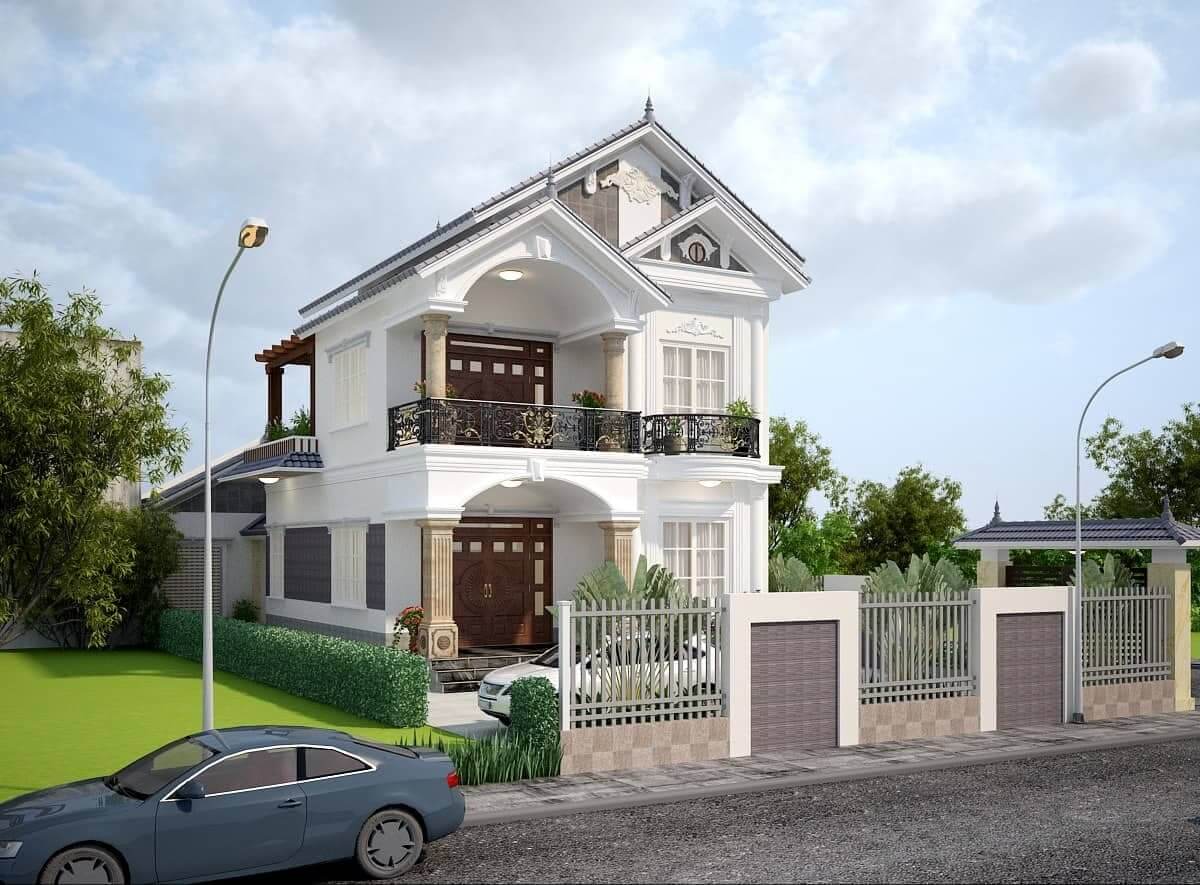 Nhà hai tầng hiện đại với xe hơi đỗ trước sân, thiết kế sang trọng và cổng lớn, bầu trời xanh và cây cối xung quanh.